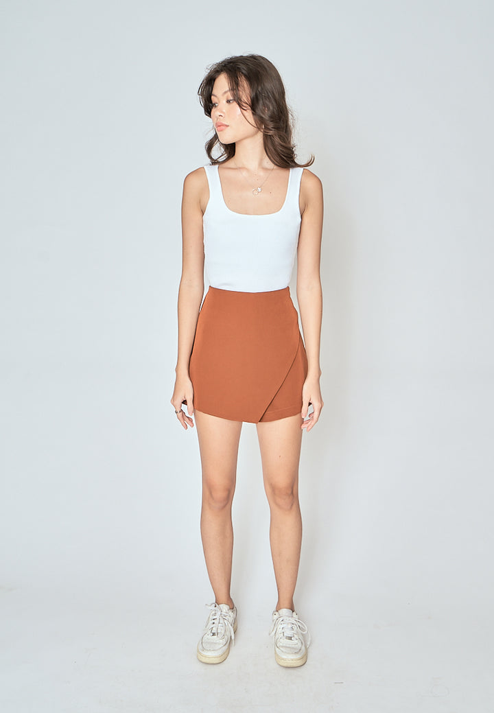 Teri Brown Asymmetrical Overlap with Side Zipper Casual Mini Skort