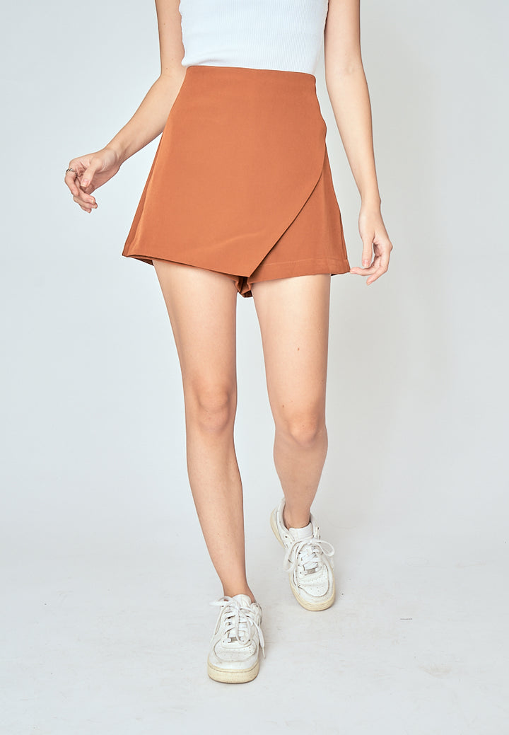 Teri Brown Asymmetrical Overlap with Side Zipper Casual Mini Skort