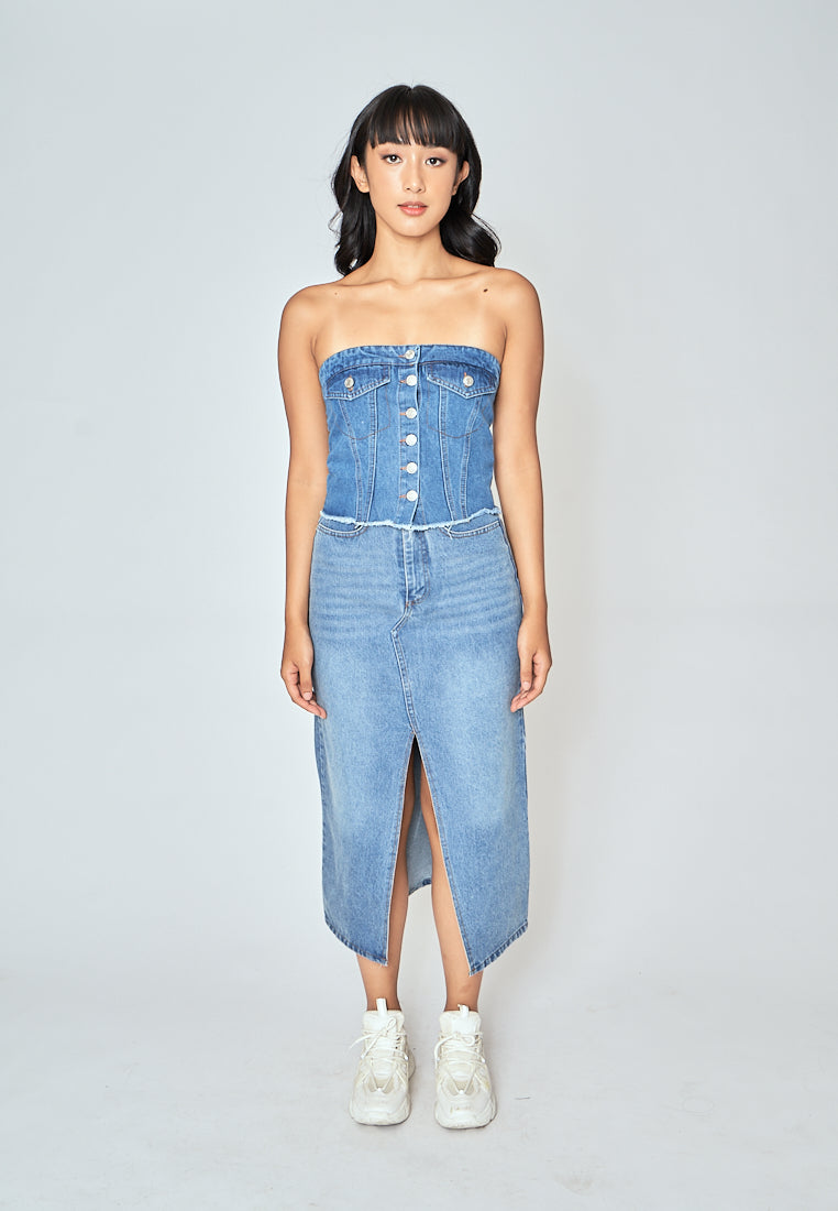 Zaffy Denim Blue Zipper Fly Front Slit with Side Pocket Casual Midi Skirt