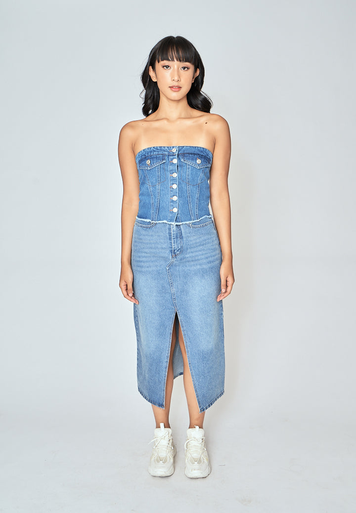 Zaffy Denim Blue Zipper Fly Front Slit with Side Pocket Casual Midi Skirt