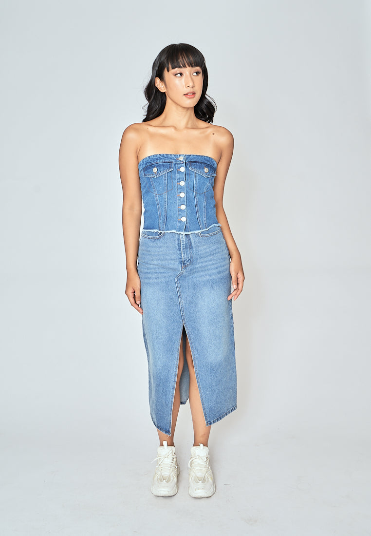 Zaffy Denim Blue Zipper Fly Front Slit with Side Pocket Casual Midi Skirt