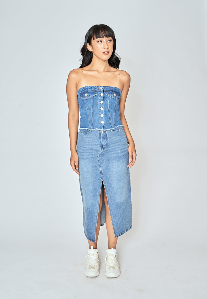 Zaffy Denim Blue Zipper Fly Front Slit with Side Pocket Casual Midi Skirt