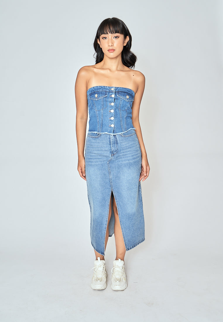 Zaffy Denim Blue Zipper Fly Front Slit with Side Pocket Casual Midi Skirt