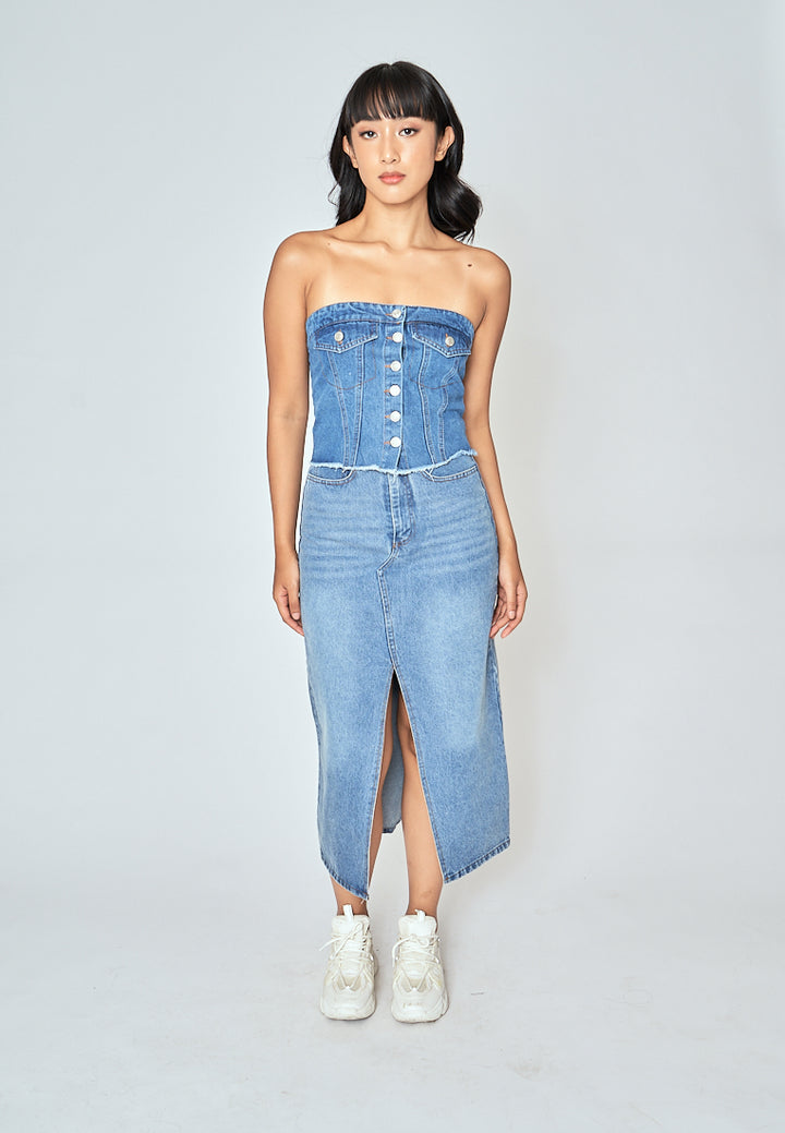 Zaffy Denim Blue Zipper Fly Front Slit with Side Pocket Casual Midi Skirt