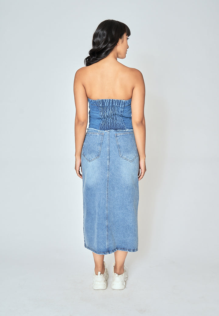 Zaffy Denim Blue Zipper Fly Front Slit with Side Pocket Casual Midi Skirt