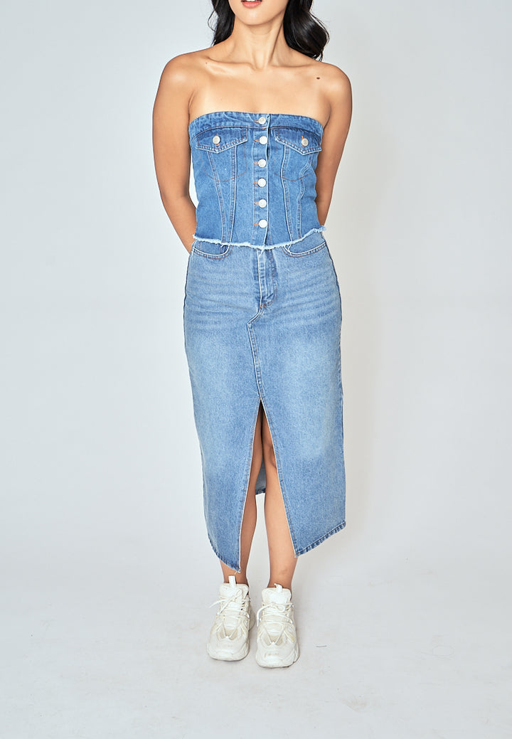 Zaffy Denim Blue Zipper Fly Front Slit with Side Pocket Casual Midi Skirt