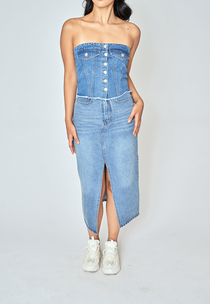 Zaffy Denim Blue Zipper Fly Front Slit with Side Pocket Casual Midi Skirt