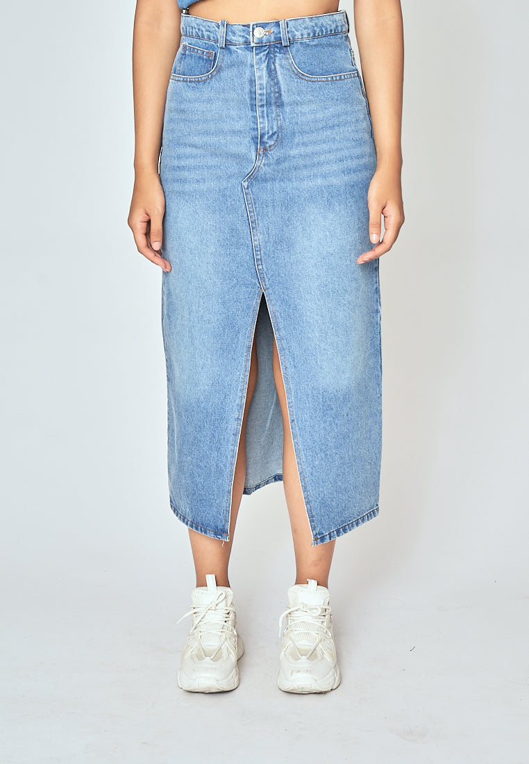Zaffy Denim Blue Zipper Fly Front Slit with Side Pocket Casual Midi Skirt