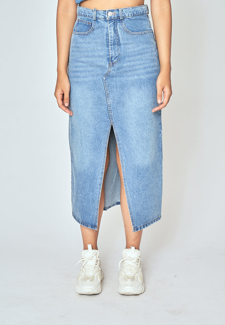 Zaffy Denim Blue Zipper Fly Front Slit with Side Pocket Casual Midi Skirt