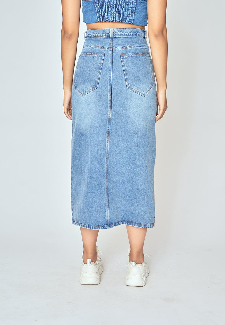 Zaffy Denim Blue Zipper Fly Front Slit with Side Pocket Casual Midi Skirt