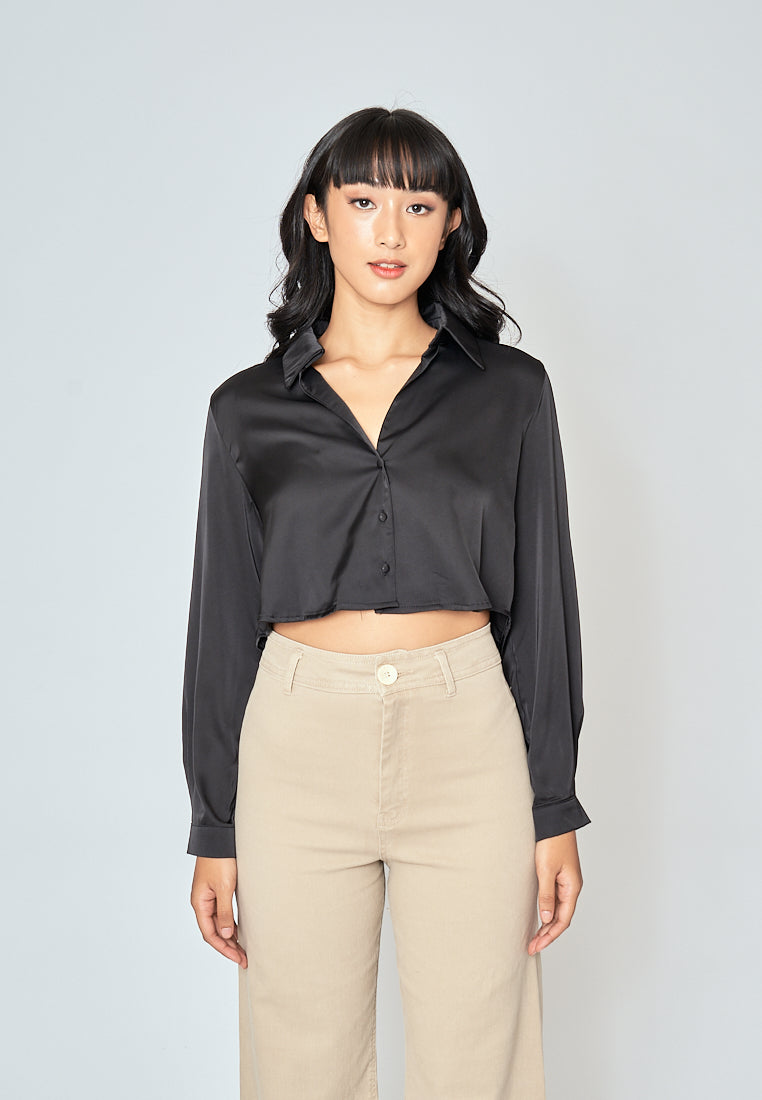 Jack Black Turn Down Collar Back Pleated Long Sleeves Crop Top