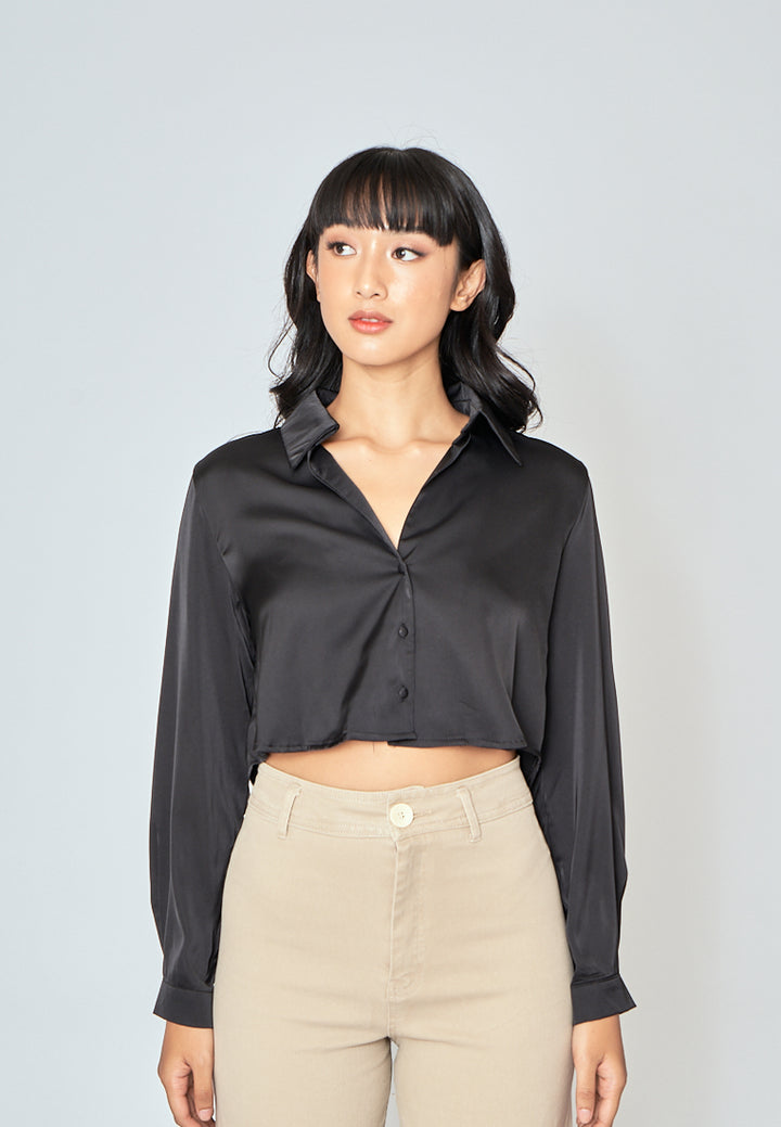 Jack Black Turn Down Collar Back Pleated Long Sleeves Crop Top