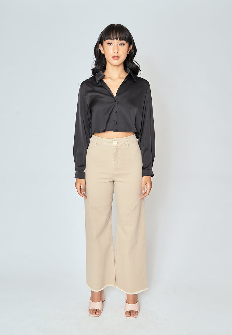 Jack Black Turn Down Collar Back Pleated Long Sleeves Crop Top