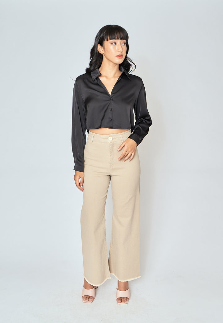 Jack Black Turn Down Collar Back Pleated Long Sleeves Crop Top