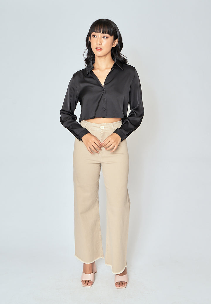 Jack Black Turn Down Collar Back Pleated Long Sleeves Crop Top