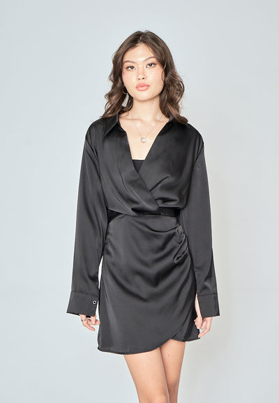 Aylin Black Turn Down Collar V Neck Overlap Long Sleeves Ruched Side Mini Dress
