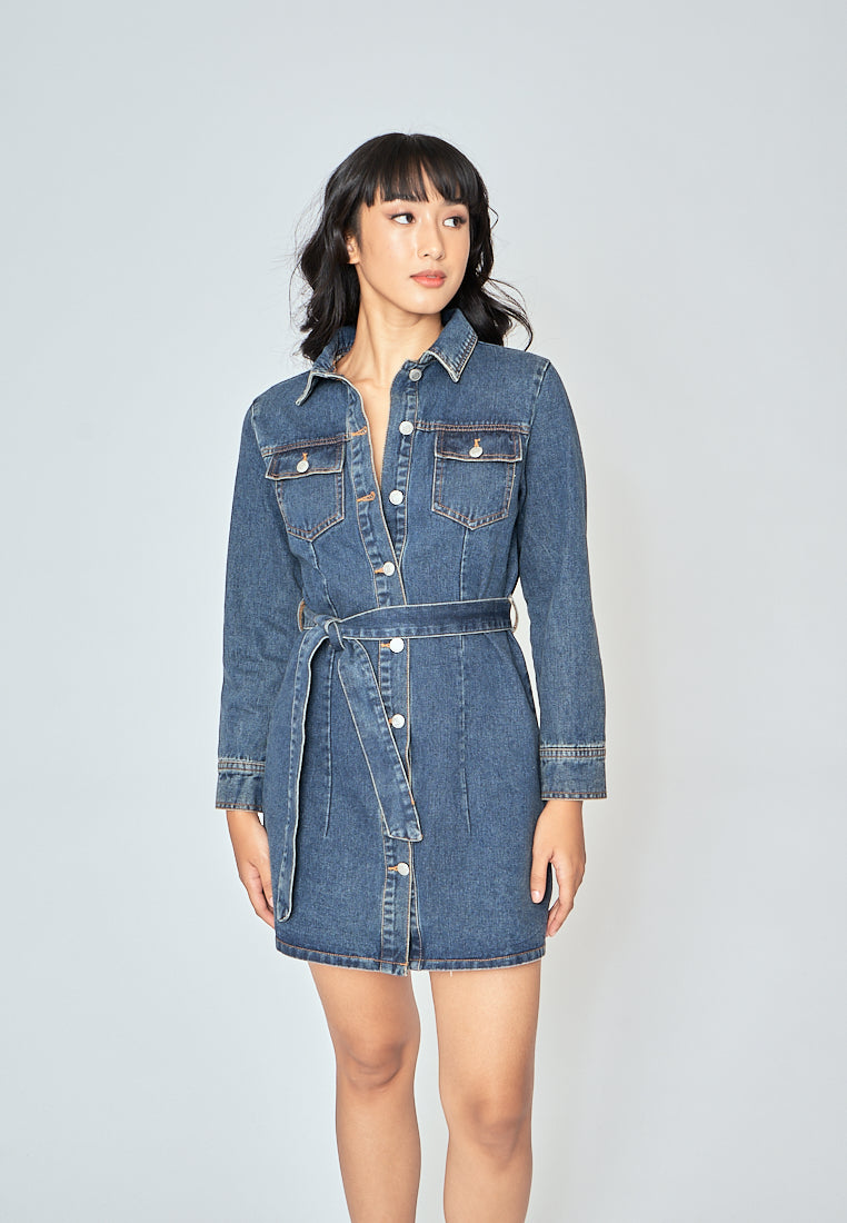 Evah Dark Blue Denim Turn Down Collar Button-Up Long Sleeves Front Pockets Mini Dress with Belt