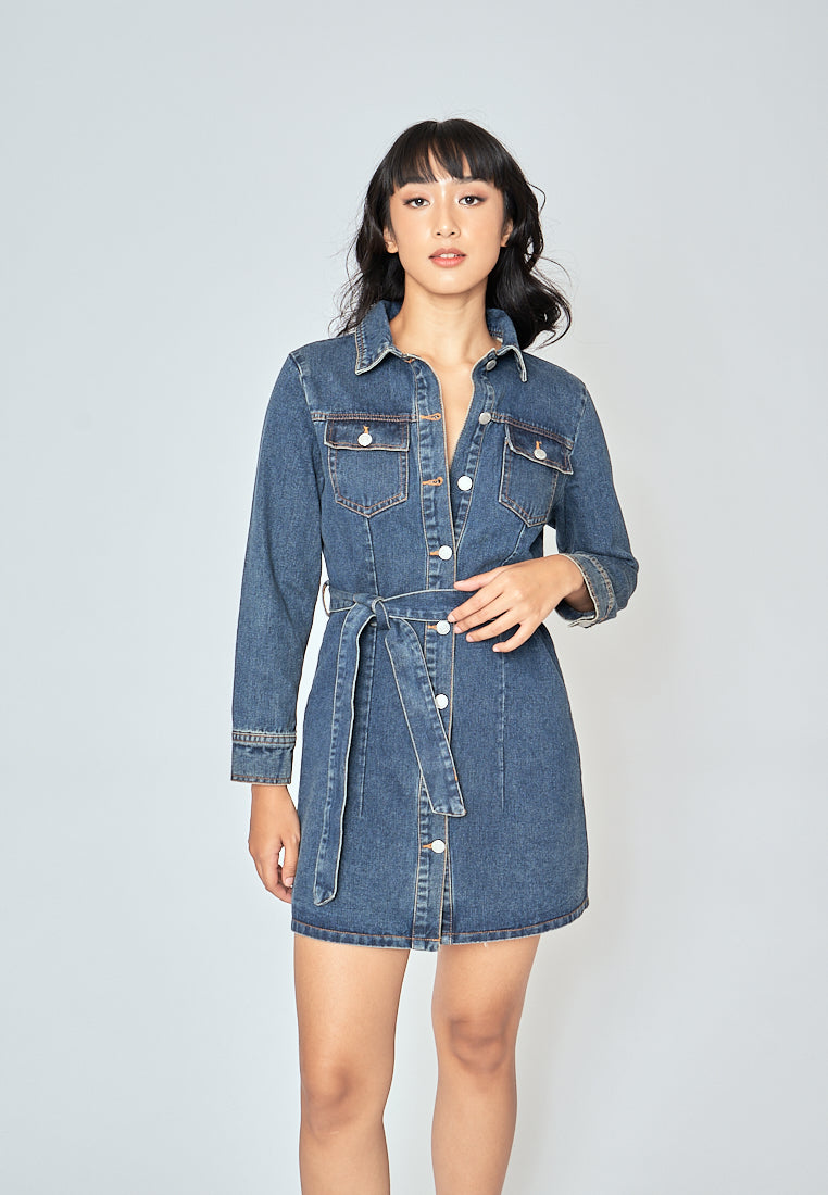 Evah Dark Blue Denim Turn Down Collar Button-Up Long Sleeves Front Pockets Mini Dress with Belt