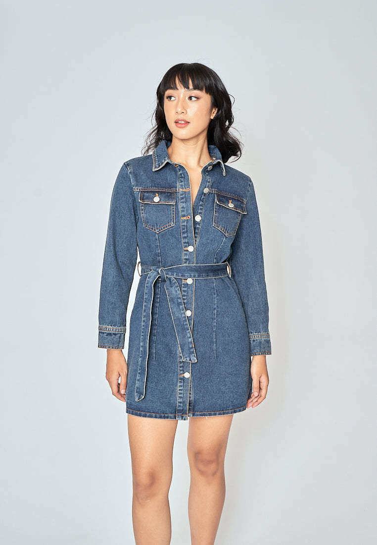Evah Dark Blue Denim Turn Down Collar Button-Up Long Sleeves Front Pockets Mini Dress with Belt