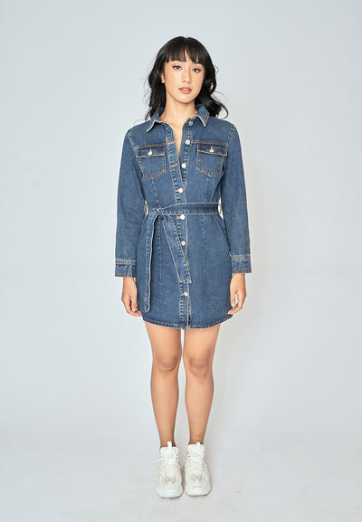 Evah Dark Blue Denim Turn Down Collar Button-Up Long Sleeves Front Pockets Mini Dress with Belt