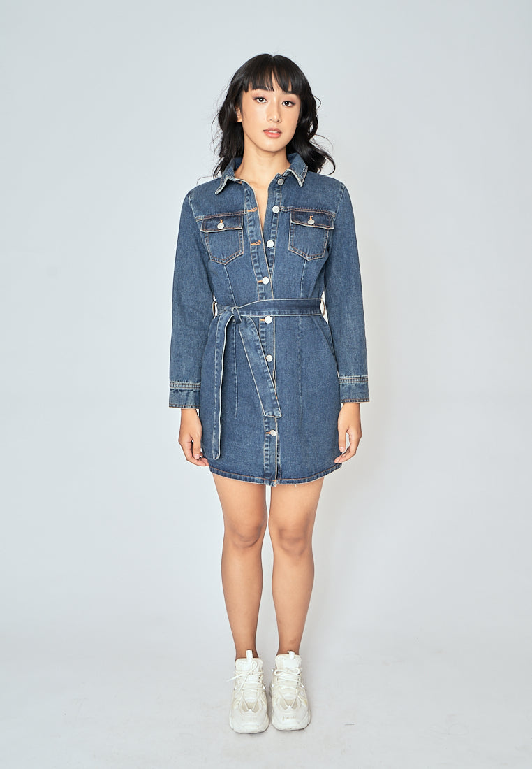 Evah Dark Blue Denim Turn Down Collar Button-Up Long Sleeves Front Pockets Mini Dress with Belt