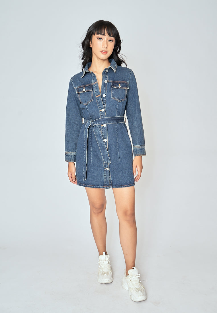 Evah Dark Blue Denim Turn Down Collar Button-Up Long Sleeves Front Pockets Mini Dress with Belt