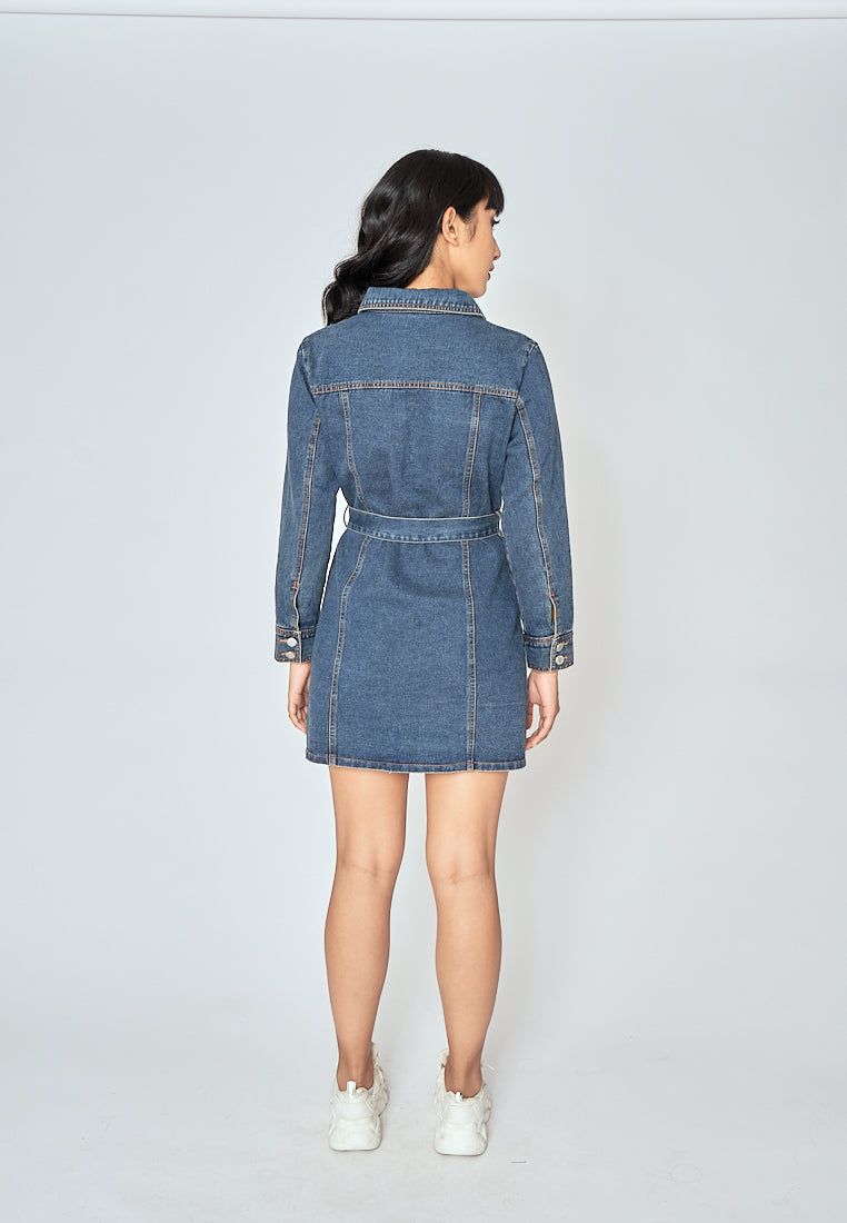 Evah Dark Blue Denim Turn Down Collar Button-Up Long Sleeves Front Pockets Mini Dress with Belt