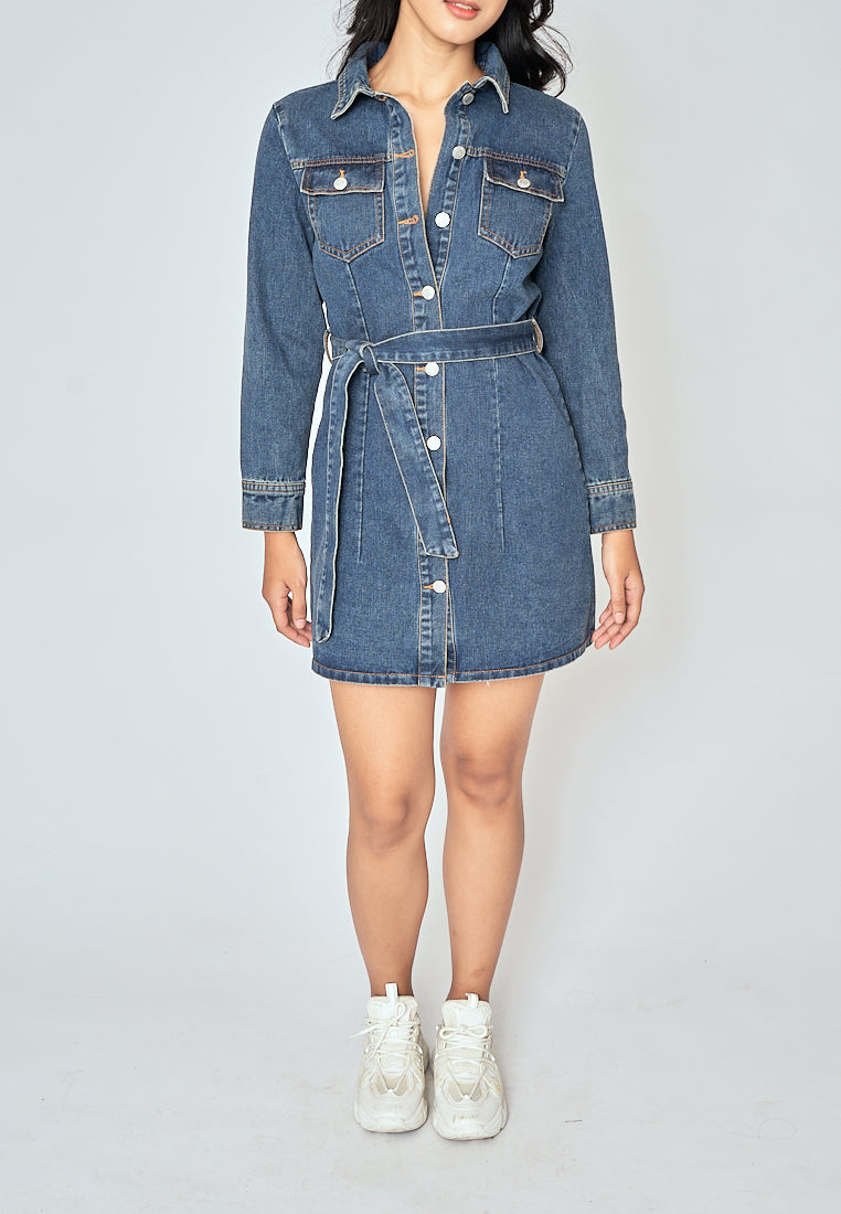 Evah Dark Blue Denim Turn Down Collar Button-Up Long Sleeves Front Pockets Mini Dress with Belt