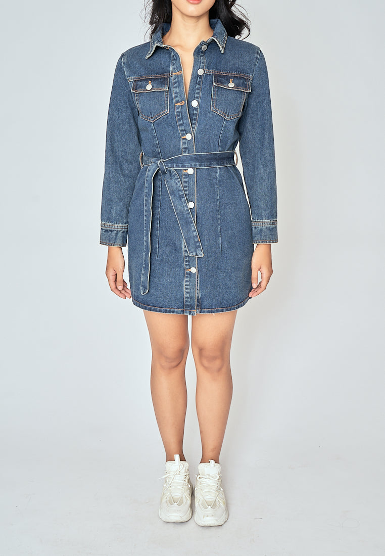 Evah Dark Blue Denim Turn Down Collar Button-Up Long Sleeves Front Pockets Mini Dress with Belt