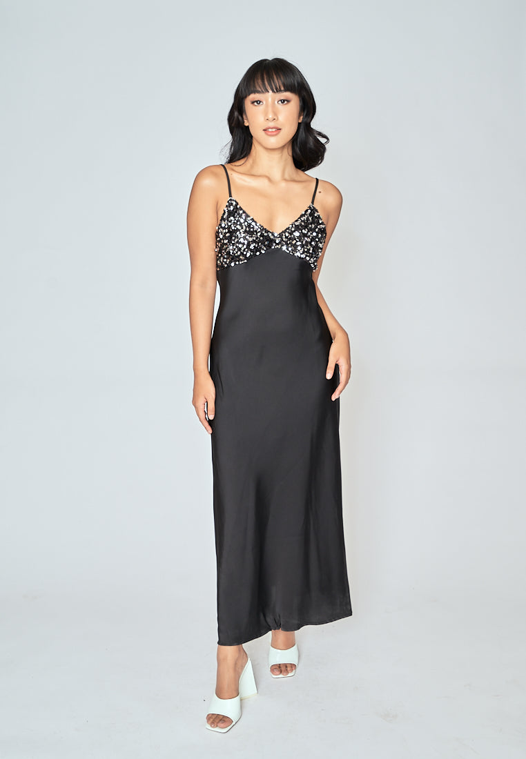 Rowanne Black Sequined Bust V Neck Side Zipper Sleeveless Maxi Dress