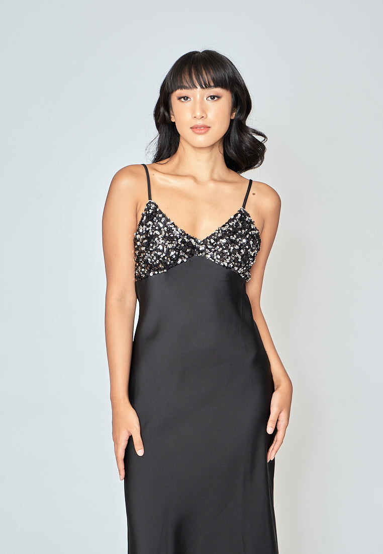 Rowanne Black Sequined Bust V Neck Side Zipper Sleeveless Maxi Dress