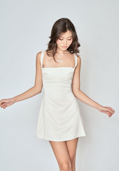(PRE-ORDER: ETA February 25) Nikkola Beige Square Neck Shoulder Strap Sleeveless Mini Dress