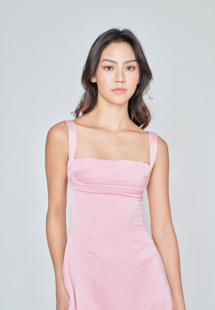 Nikkola Pink Square Neck Shoulder Strap Sleeveless Mini Dress