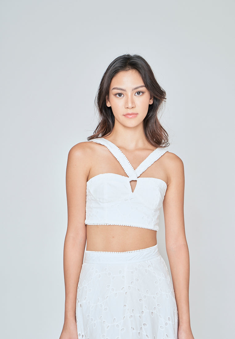 Loura White Eyelet Side Zipper Shaped Bust Halter Sleeveless Top