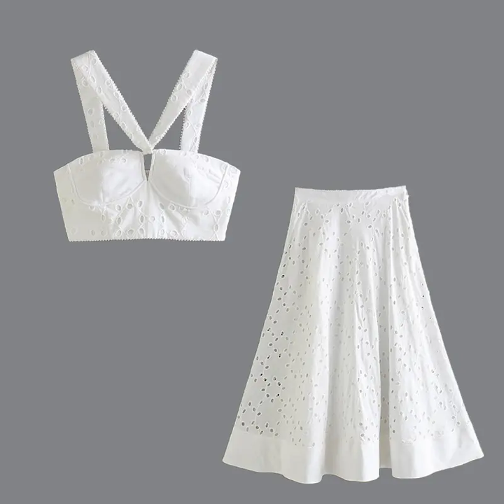 Loura White Eyelet Side Zipper Shaped Bust Halter Sleeveless Top