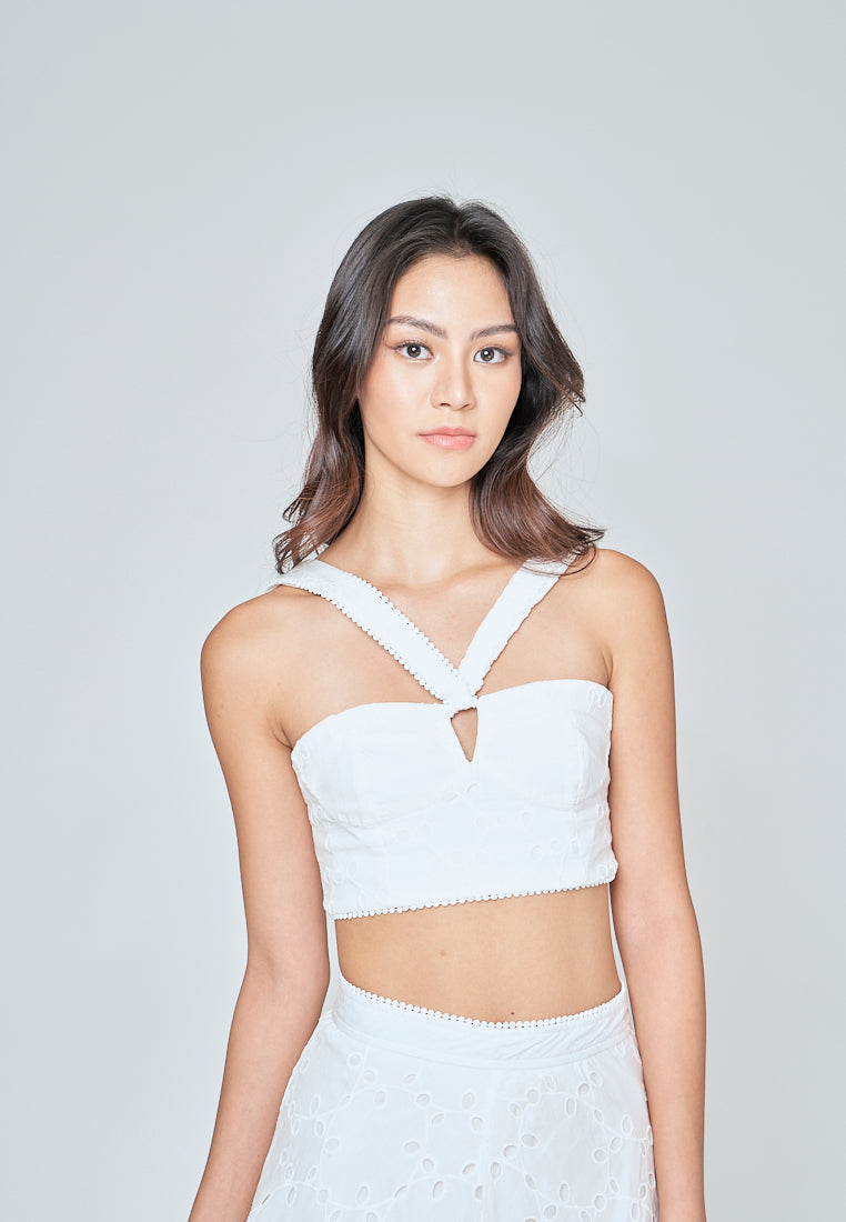 Loura White Eyelet Side Zipper Shaped Bust Halter Sleeveless Top