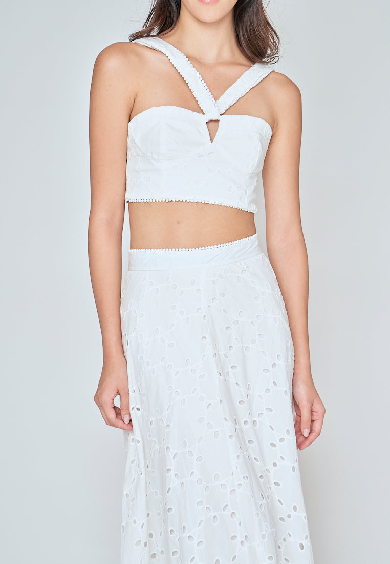 Loura White Eyelet Side Zipper Shaped Bust Halter Sleeveless Top