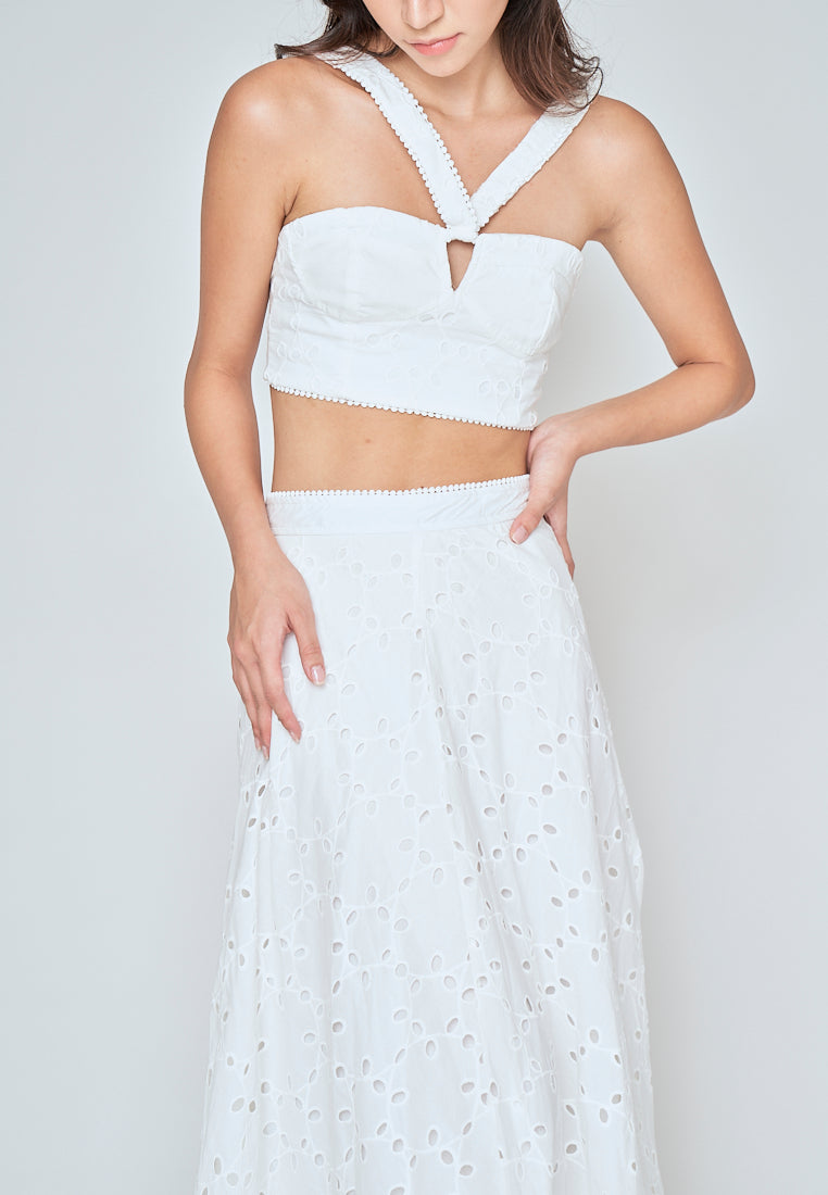 Loura White Eyelet Side Zipper Shaped Bust Halter Sleeveless Top