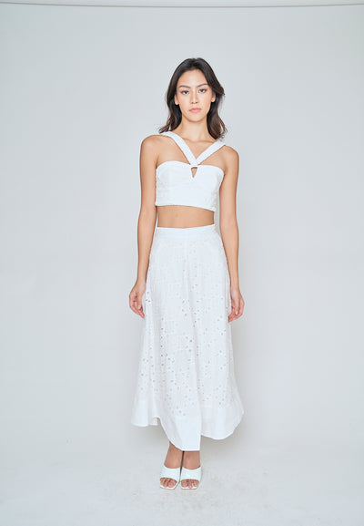 Loura White Eyelet Side Zipper Shaped Bust Halter Sleeveless Top