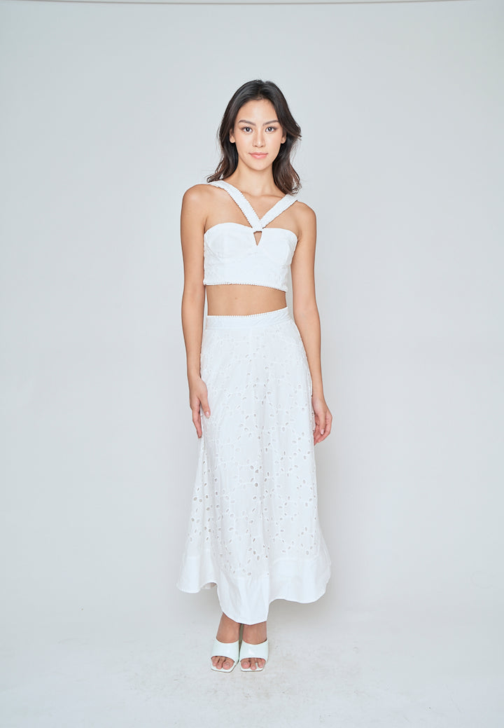 Loura White Eyelet Side Zipper Shaped Bust Halter Sleeveless Top