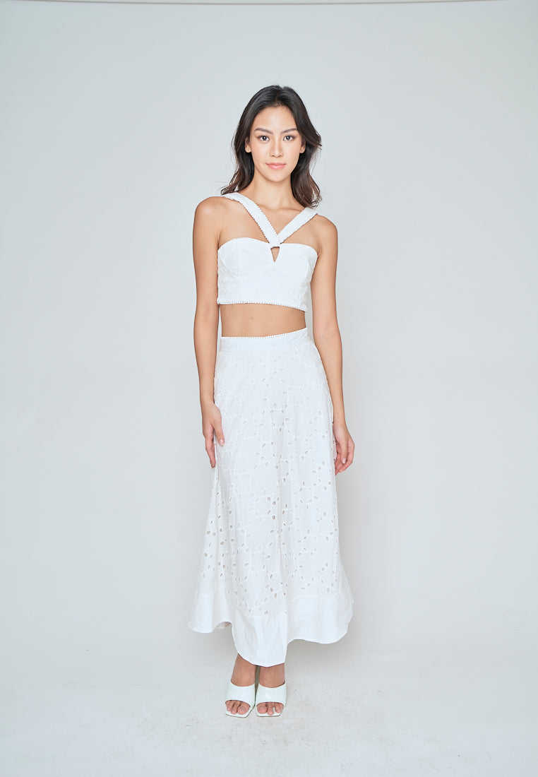 Loura White Eyelet Side Zipper Shaped Bust Halter Sleeveless Top