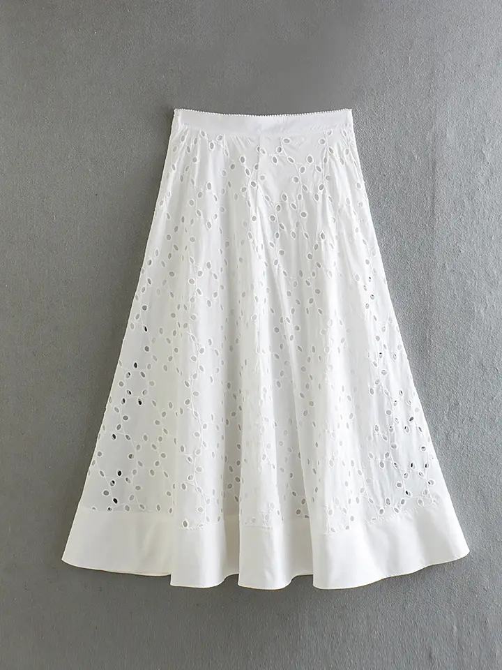 Leeroy White Eyelet Side Zipper Casual Midi Skirt