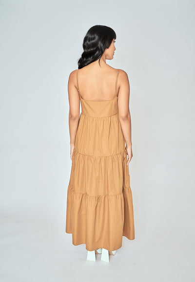 Veya Brown Square Neck Sleeveles Tiered Midi Dress