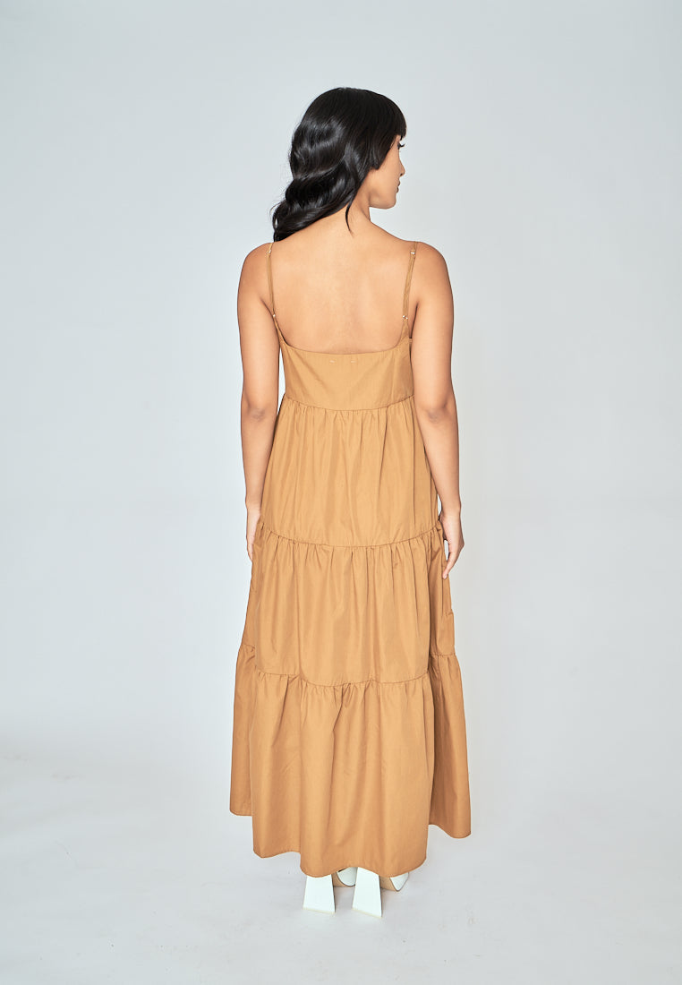 Veya Brown Square Neck Sleeveles Tiered Midi Dress