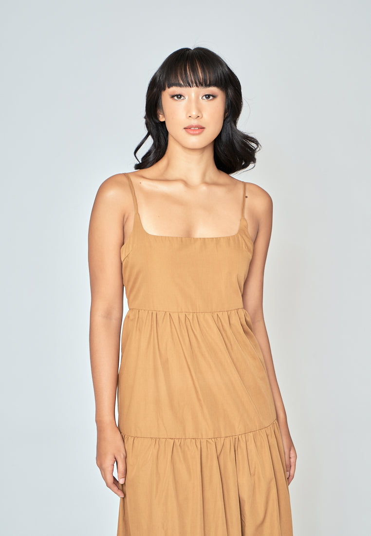 Veya Brown Square Neck Sleeveles Tiered Midi Dress