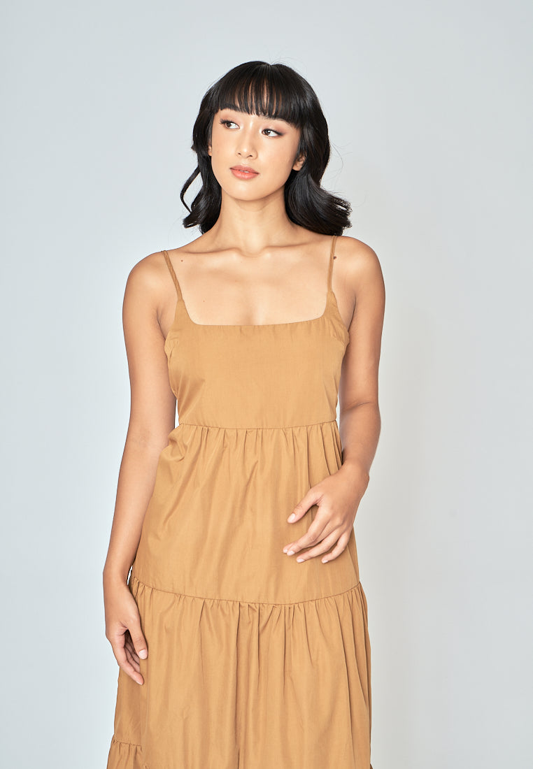 Veya Brown Square Neck Sleeveles Tiered Midi Dress