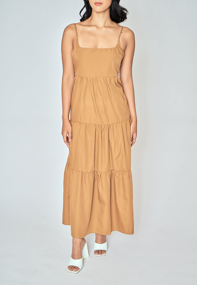 Veya Brown Square Neck Sleeveles Tiered Midi Dress