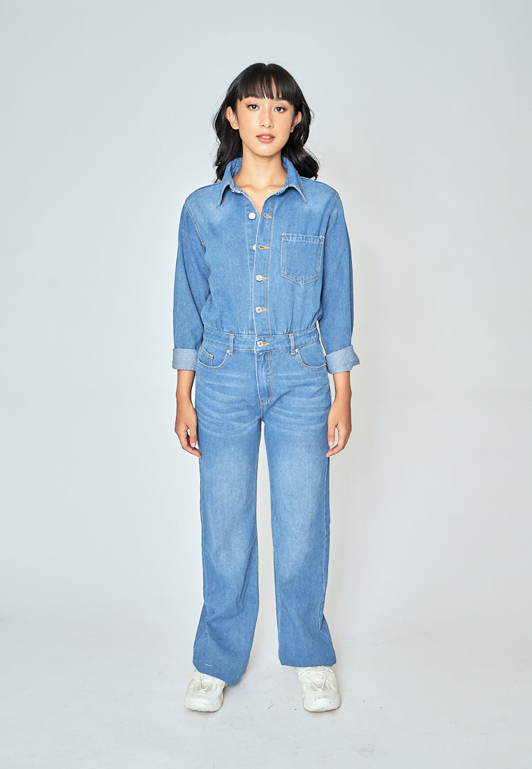 Aldridge Blue Denim Buttons Up Turn Down Collar Long Sleeves Jumpsuit with Pockets