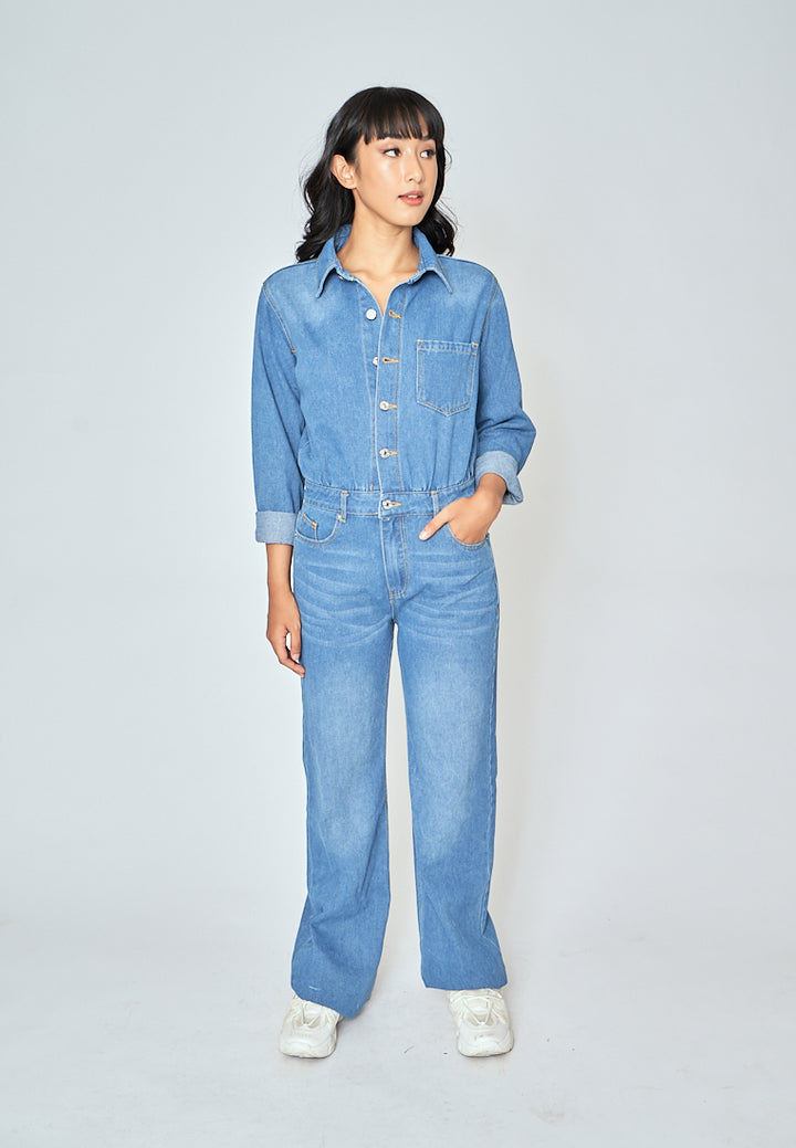 Aldridge Blue Denim Buttons Up Turn Down Collar Long Sleeves Jumpsuit with Pockets