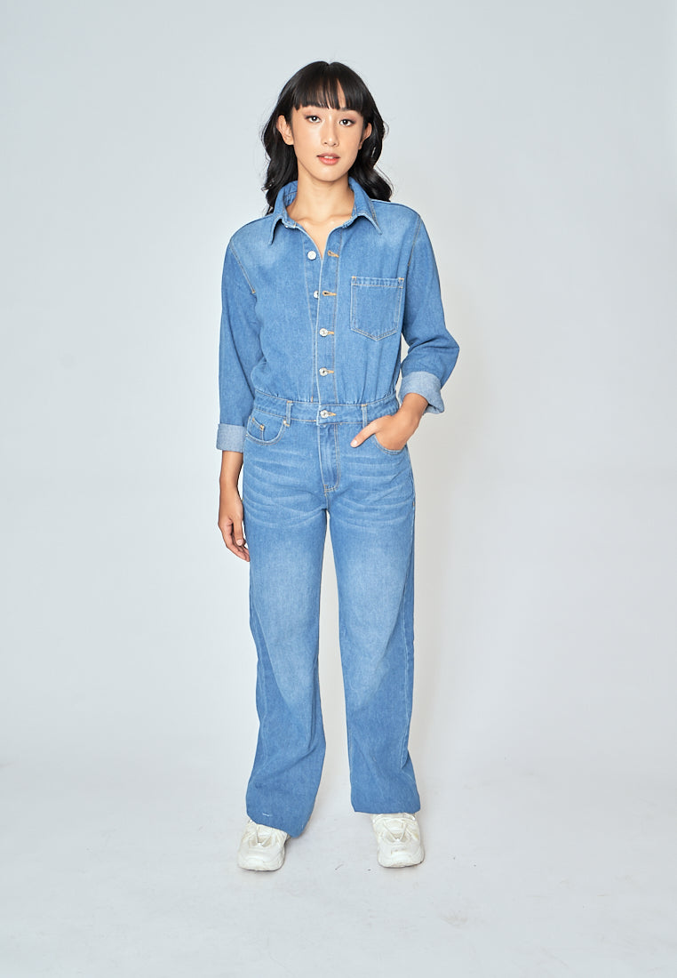 Aldridge Blue Denim Buttons Up Turn Down Collar Long Sleeves Jumpsuit with Pockets